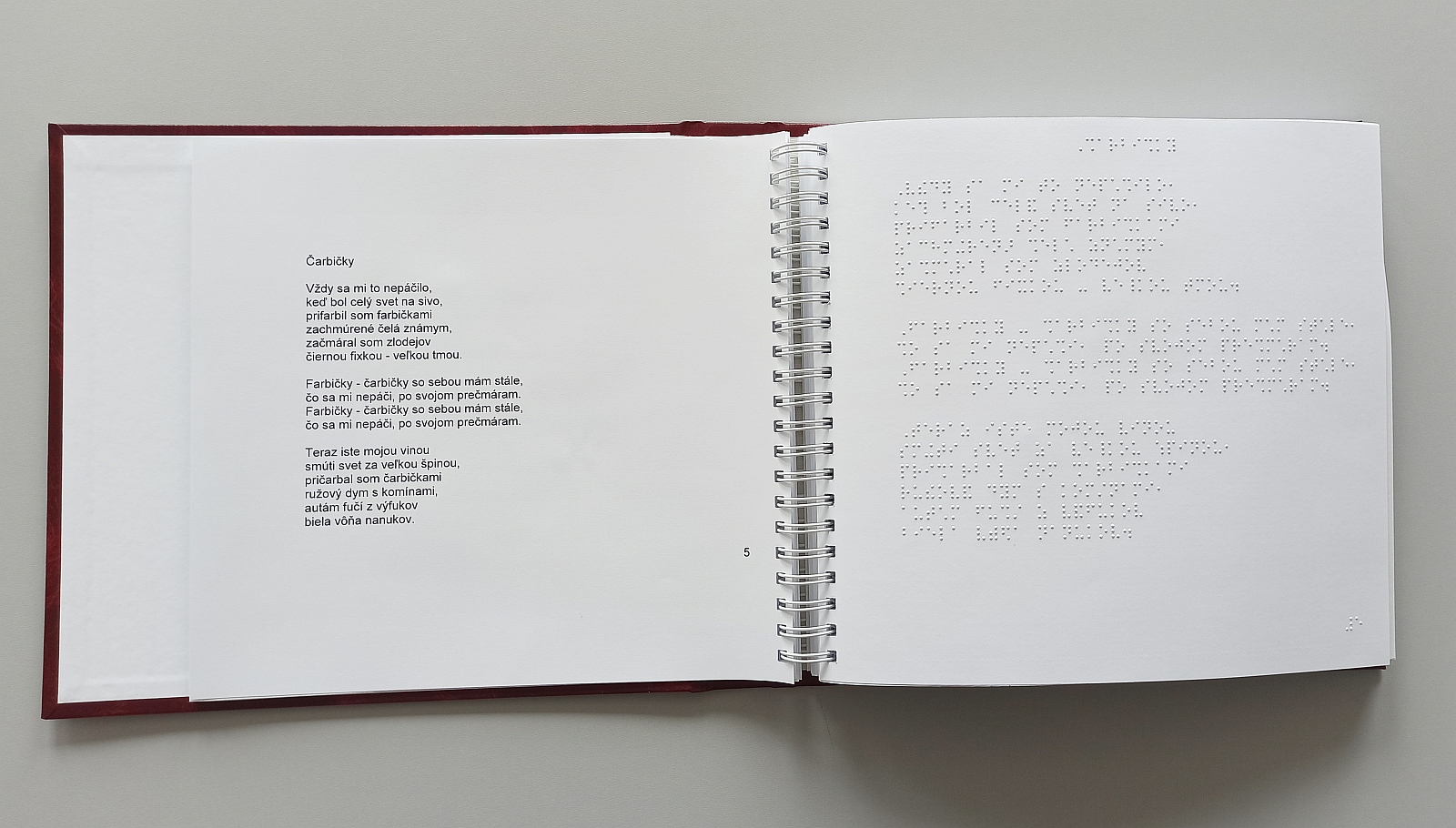 Fotografia roztvorenej knihy, na ľavej strane text v čiernotlači, na pravej strane text v braili.